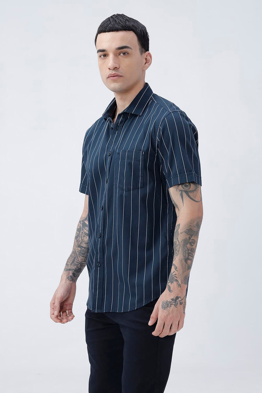 BASICS SLIM FIT BLACK COTTON TWILL STRIPE HALFSLEEVES SHIRT