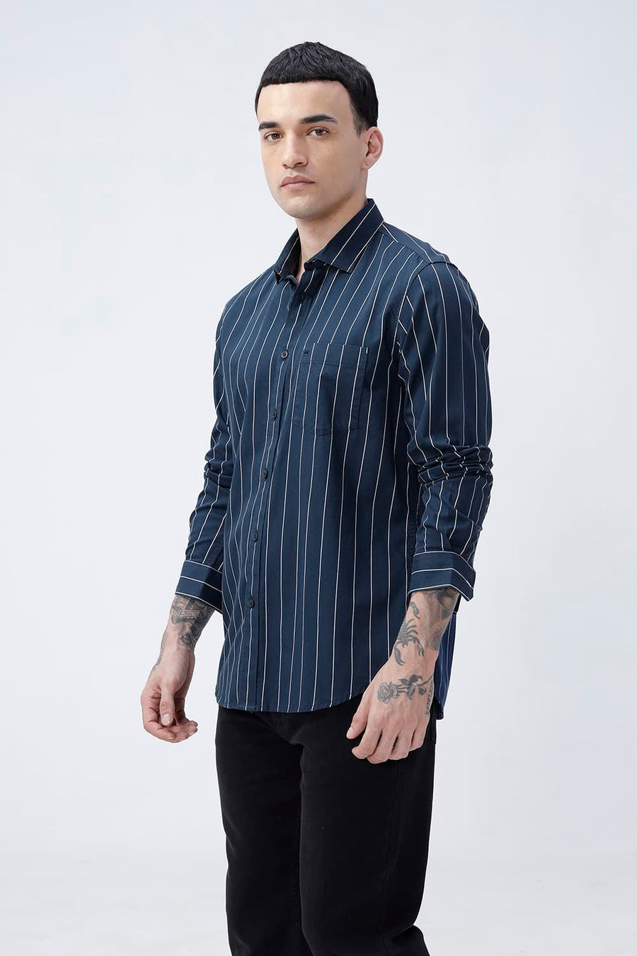 BASICS SLIM FIT BLACK COTTON TWILL STRIPE SHIRT