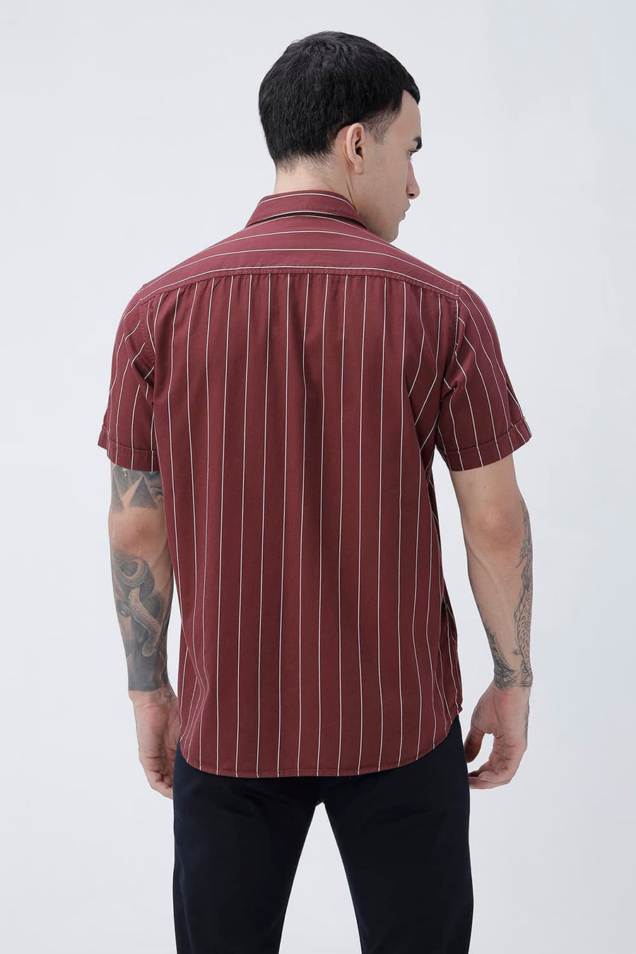 BASICS SLIM FIT LIGHT GREY COTTON TWILL STRIPE HALFSLEEVES SHIRT