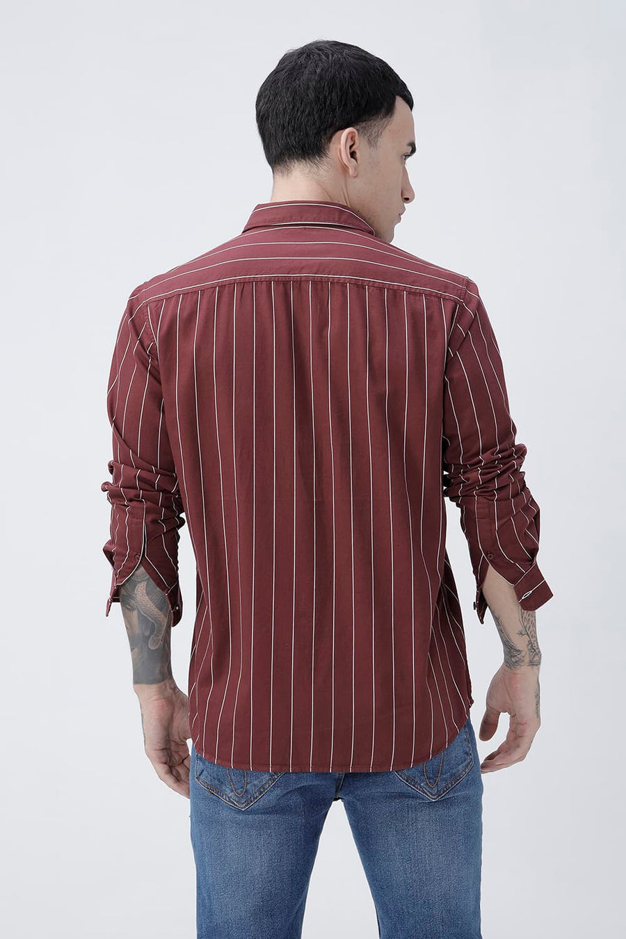 BASICS SLIM FIT LIGHT GREY COTTON TWILL STRIPE SHIRT