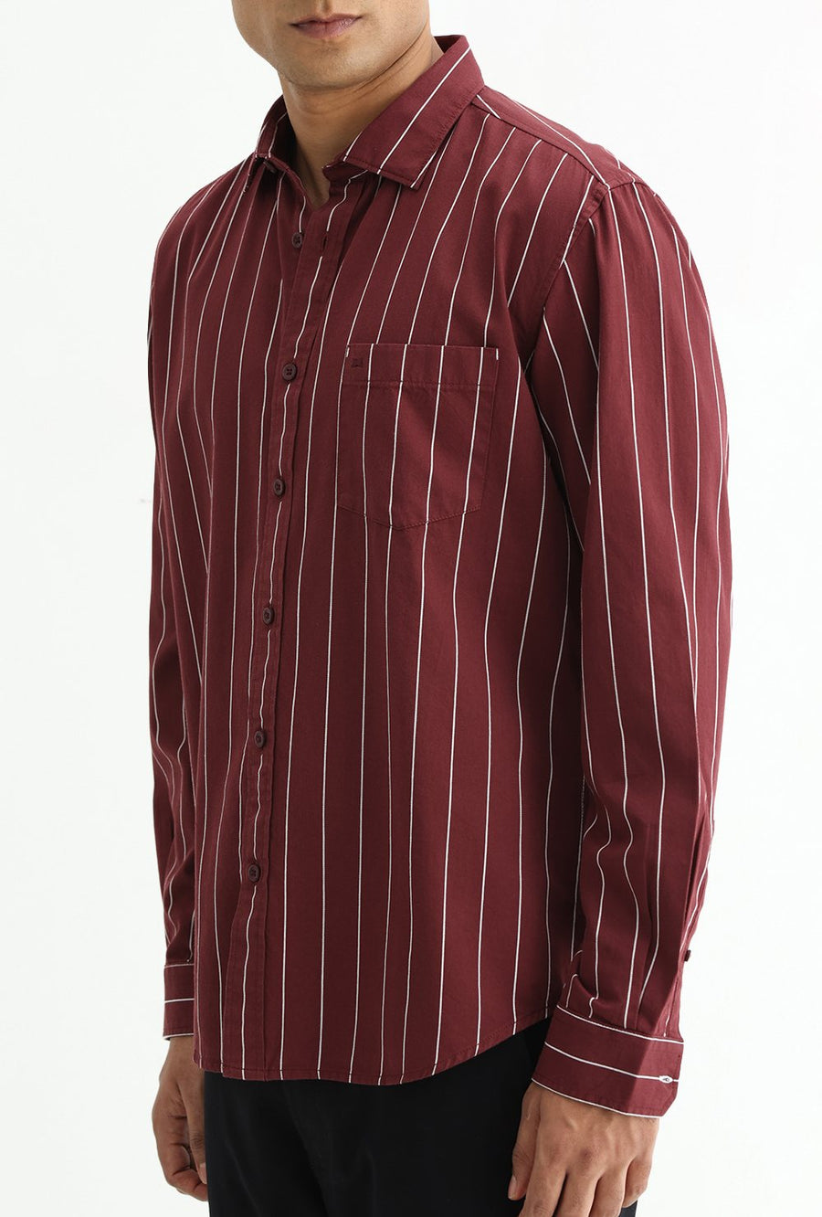 BASICS SLIM FIT LIGHT GREY COTTON TWILL STRIPE SHIRT