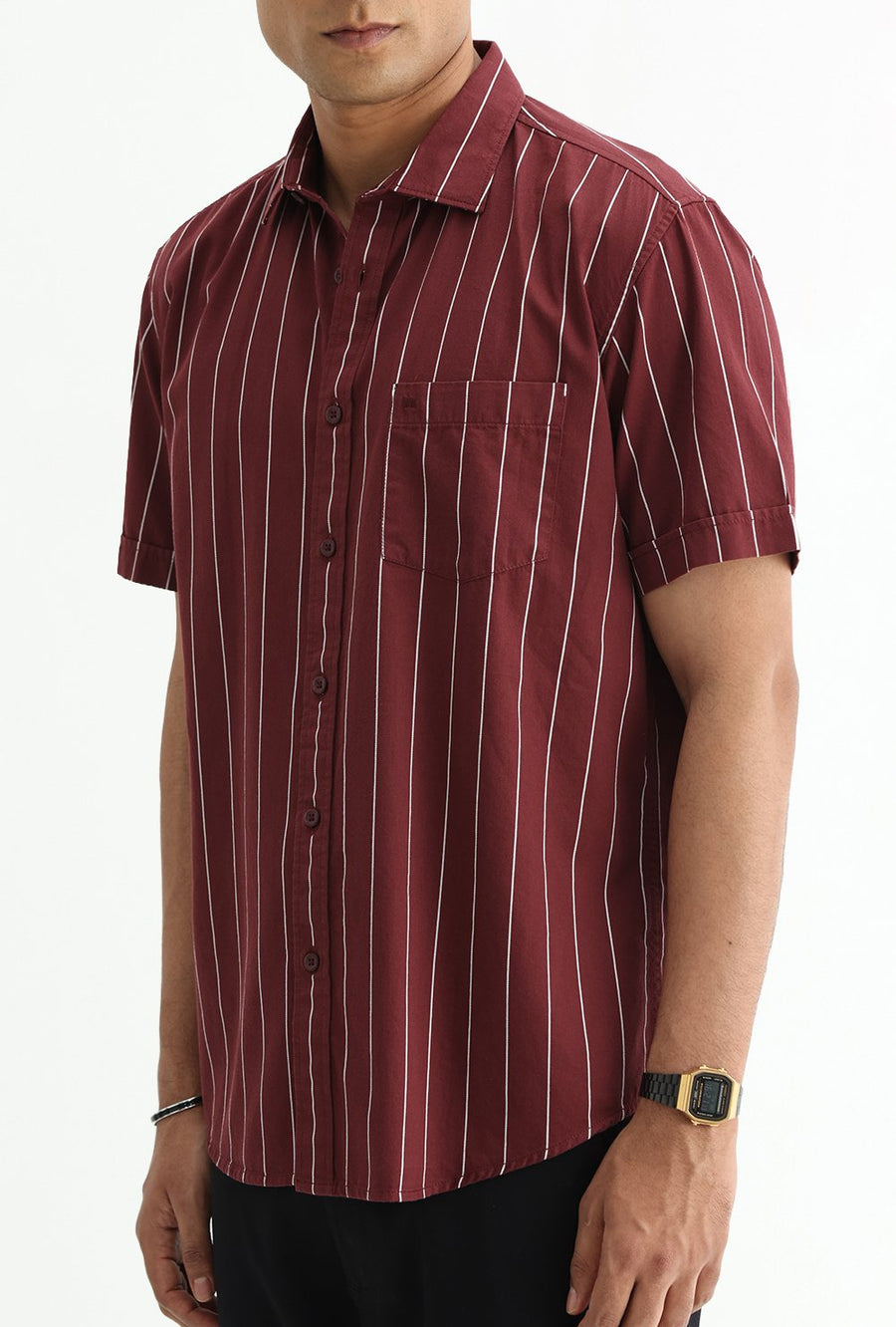BASICS SLIM FIT LIGHT GREY COTTON TWILL STRIPE HALFSLEEVES SHIRT