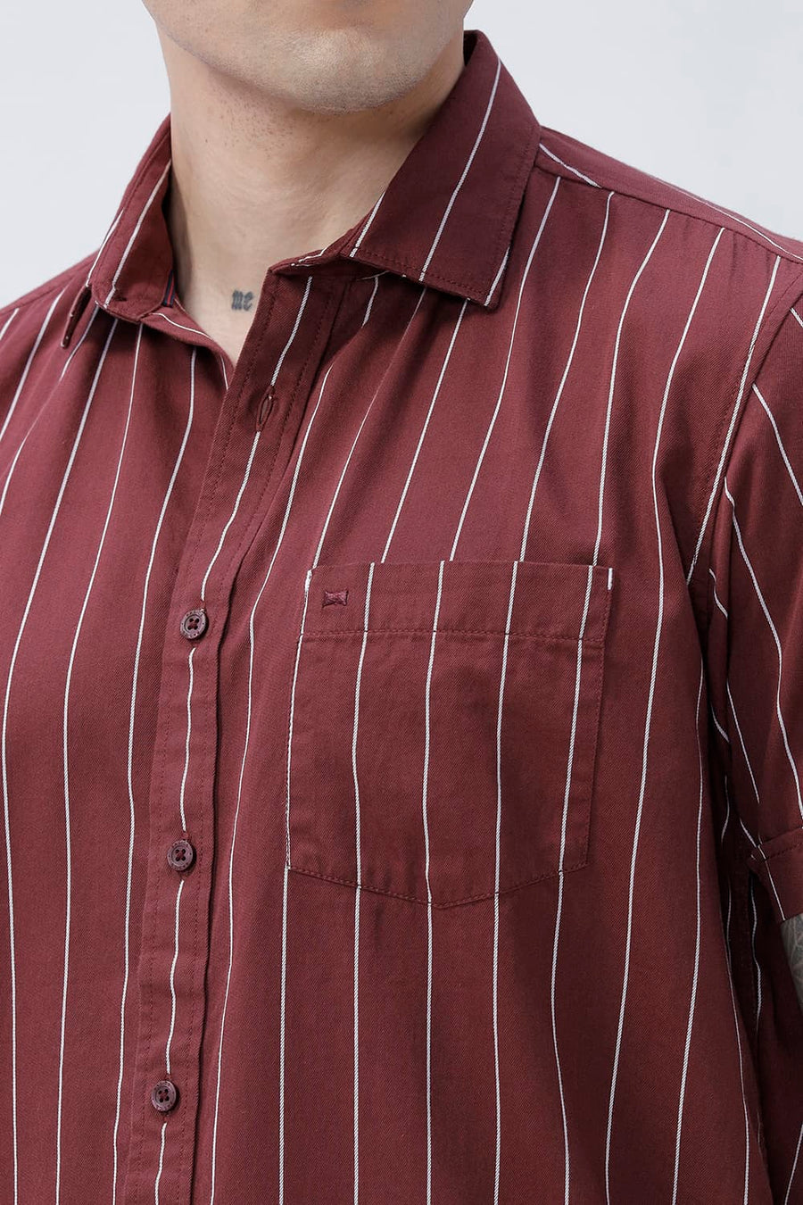 BASICS SLIM FIT LIGHT GREY COTTON TWILL STRIPE HALFSLEEVES SHIRT