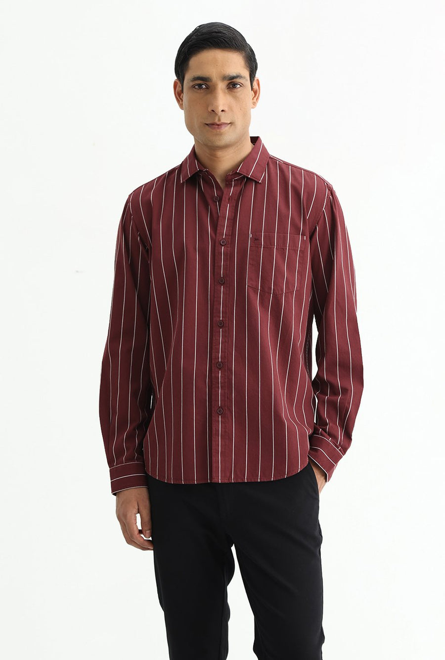 BASICS SLIM FIT LIGHT GREY COTTON TWILL STRIPE SHIRT