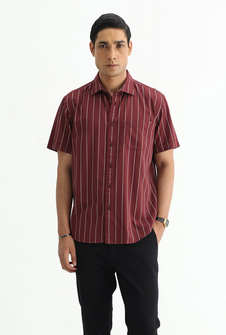 BASICS SLIM FIT LIGHT GREY COTTON TWILL STRIPE HALFSLEEVES SHIRT