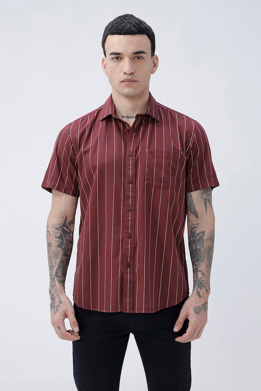 BASICS SLIM FIT LIGHT GREY COTTON TWILL STRIPE HALFSLEEVES SHIRT