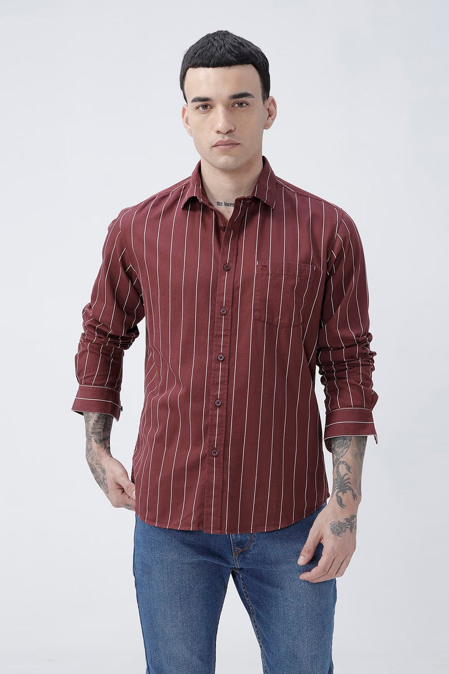 BASICS SLIM FIT LIGHT GREY COTTON TWILL STRIPE SHIRT
