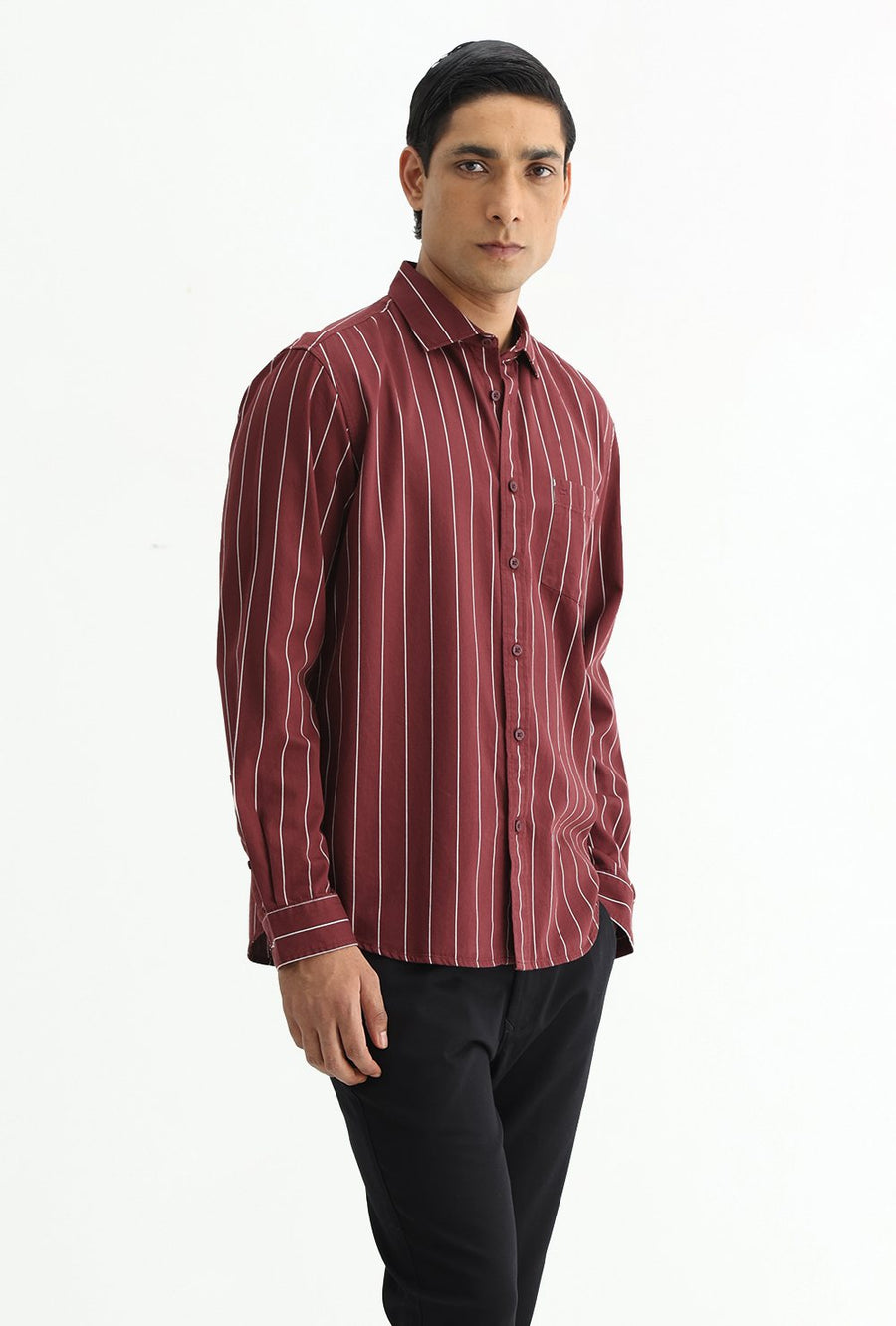 BASICS SLIM FIT LIGHT GREY COTTON TWILL STRIPE SHIRT