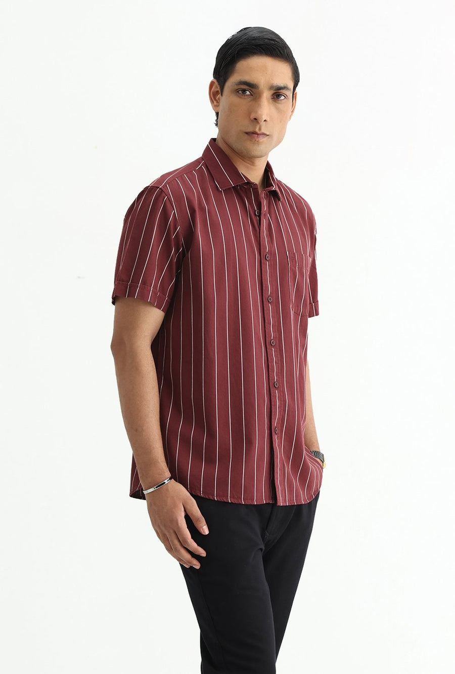 BASICS SLIM FIT LIGHT GREY COTTON TWILL STRIPE HALFSLEEVES SHIRT