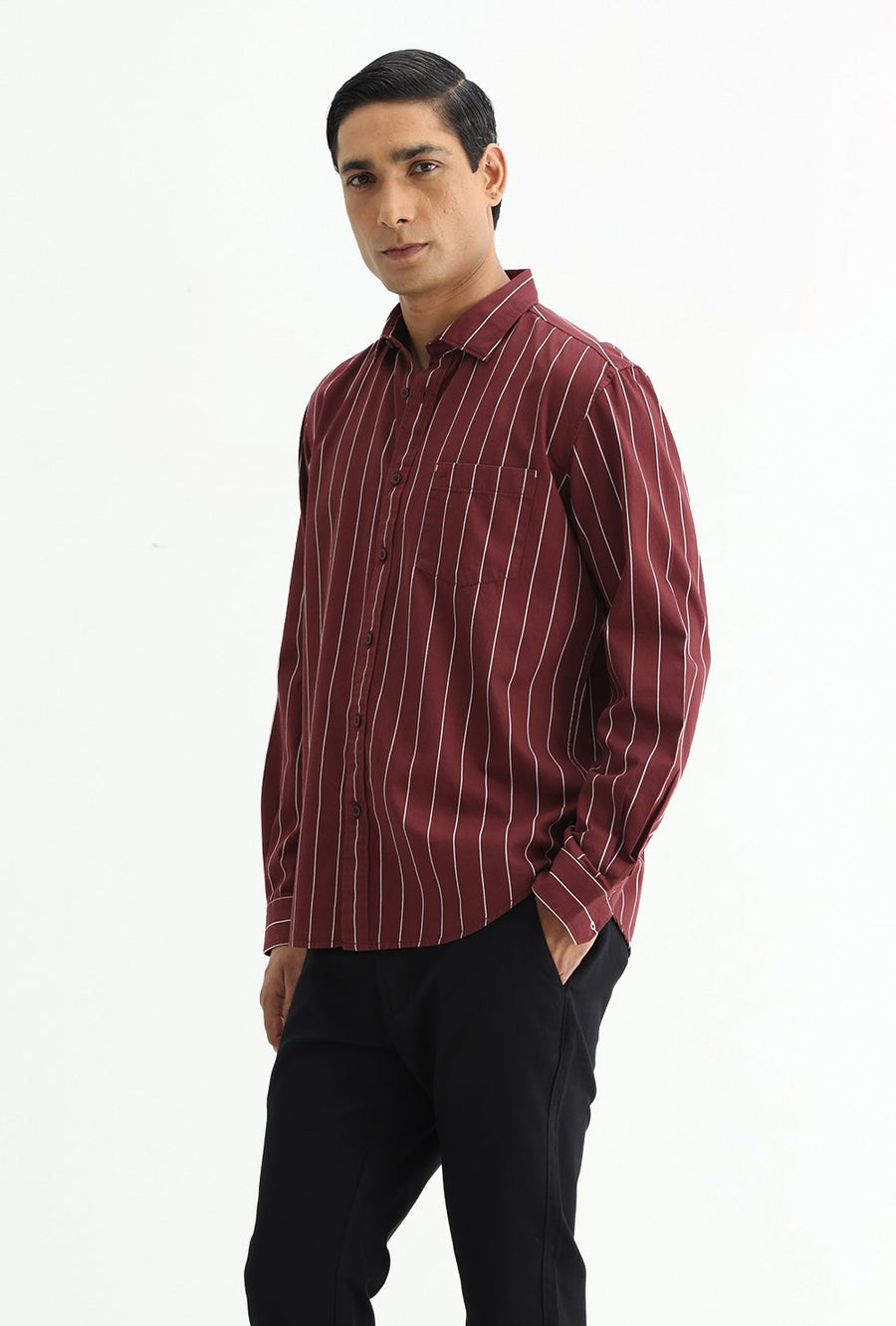 BASICS SLIM FIT LIGHT GREY COTTON TWILL STRIPE SHIRT