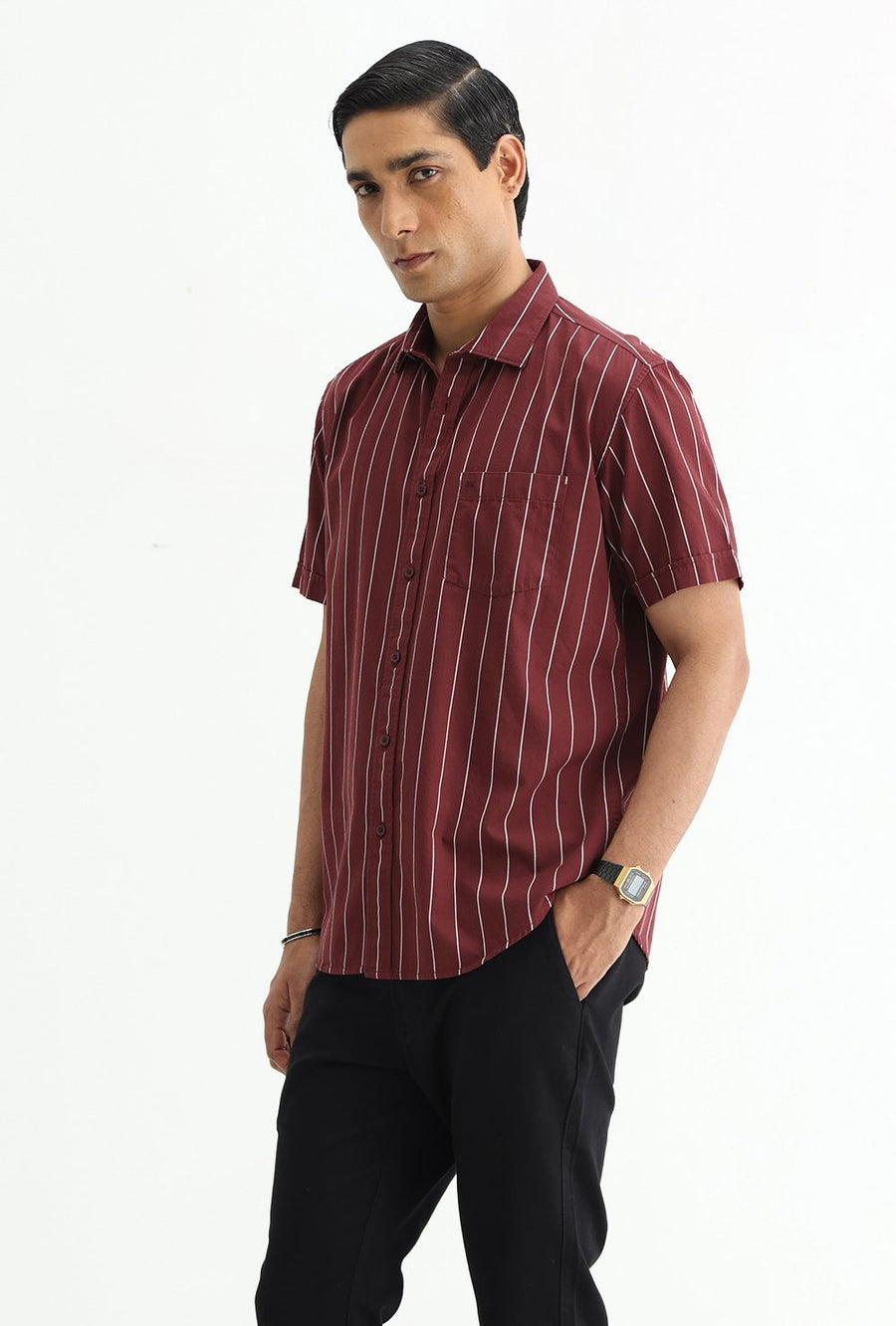 BASICS SLIM FIT LIGHT GREY COTTON TWILL STRIPE HALFSLEEVES SHIRT