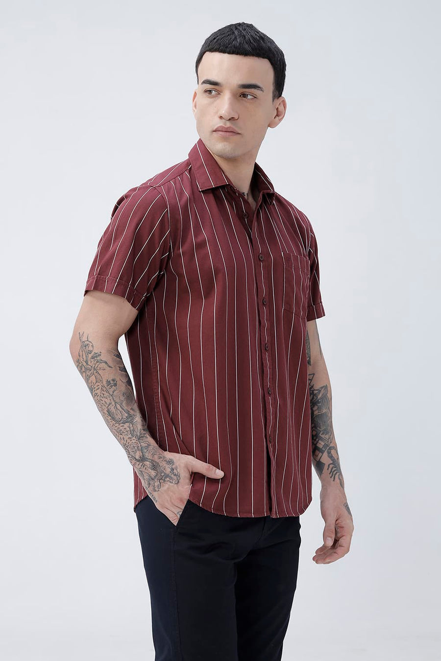 BASICS SLIM FIT LIGHT GREY COTTON TWILL STRIPE HALFSLEEVES SHIRT