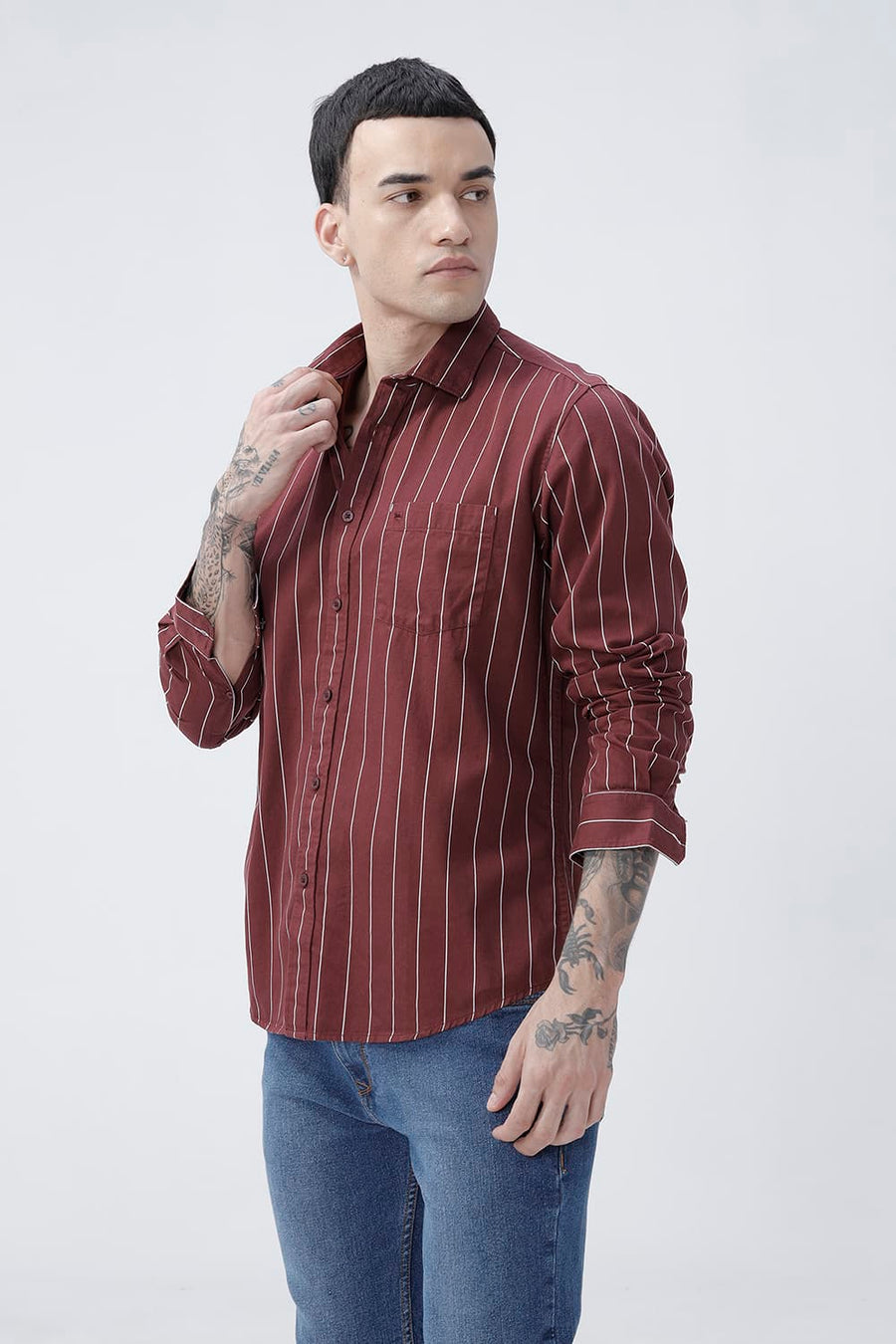 BASICS SLIM FIT LIGHT GREY COTTON TWILL STRIPE SHIRT
