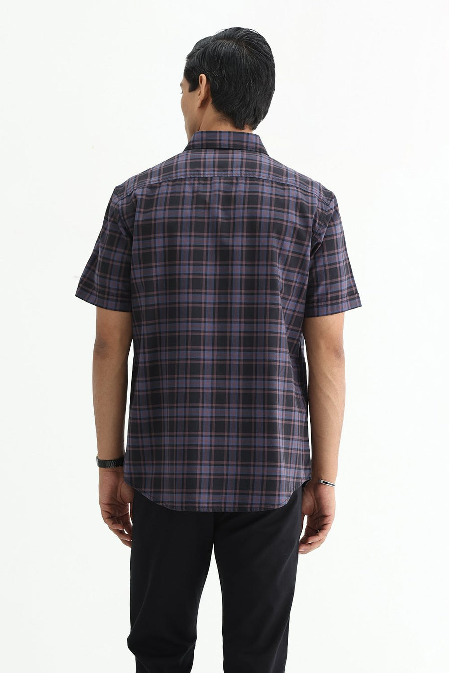 BASICS SLIM FIT GREEN COTTON TWILL CHECKS HALFSLEEVES SHIRT