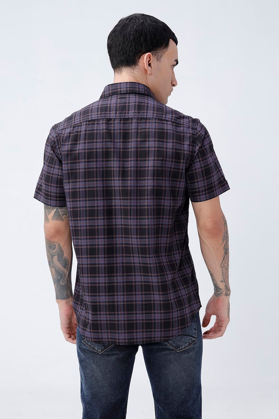 BASICS SLIM FIT GREEN COTTON TWILL CHECKS HALFSLEEVES SHIRT