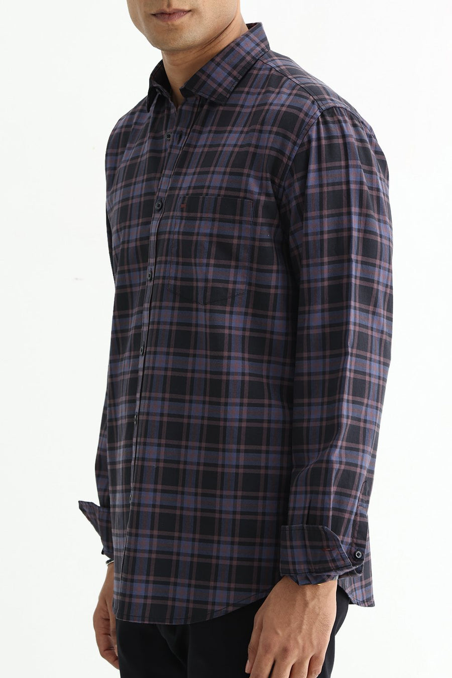 BASICS SLIM FIT GREEN COTTON TWILL CHECKS SHIRT