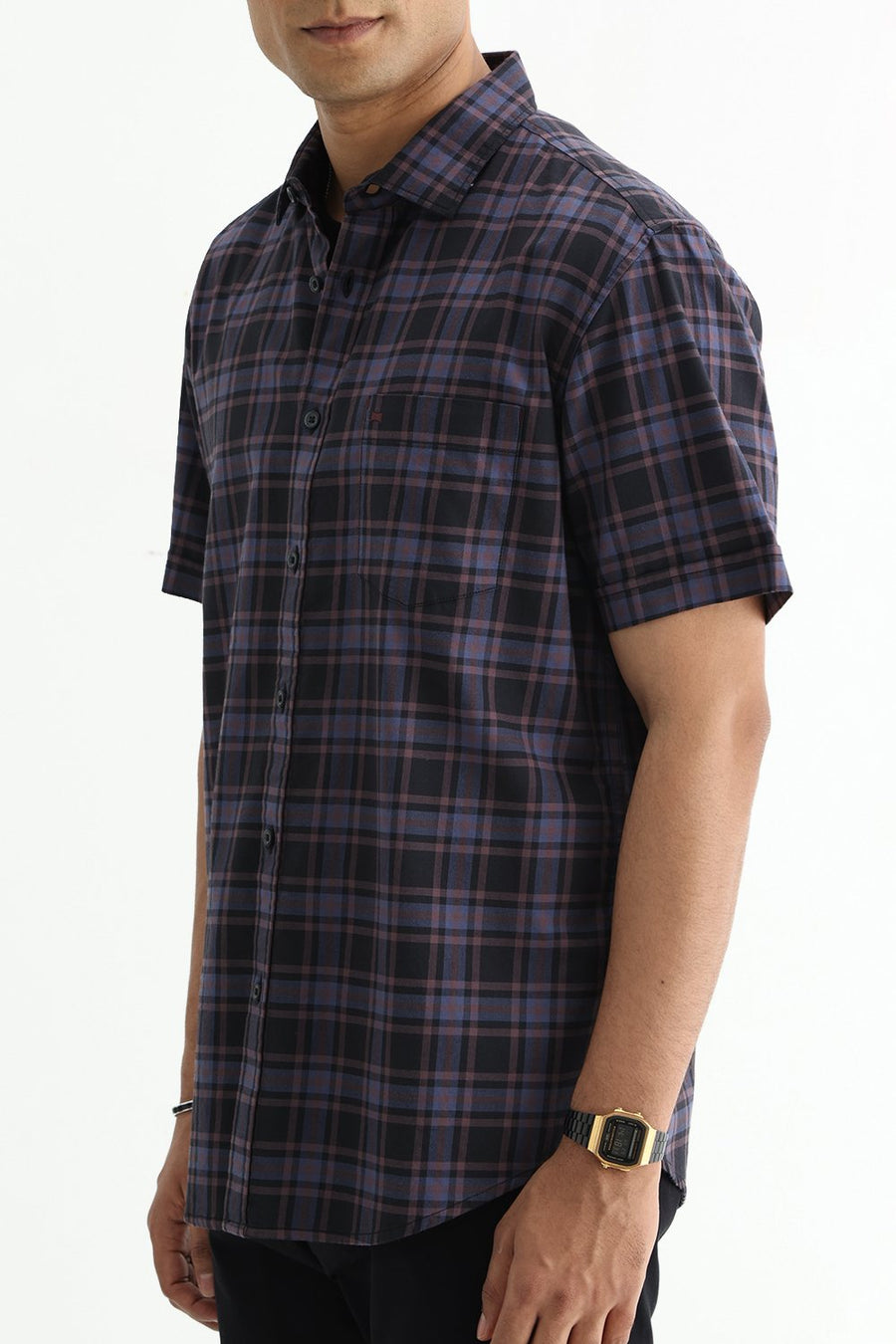 BASICS SLIM FIT GREEN COTTON TWILL CHECKS HALFSLEEVES SHIRT