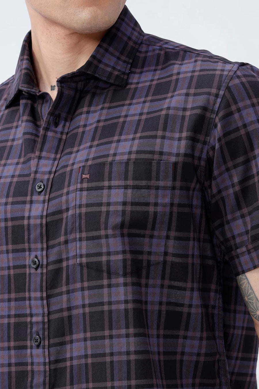 BASICS SLIM FIT GREEN COTTON TWILL CHECKS HALFSLEEVES SHIRT