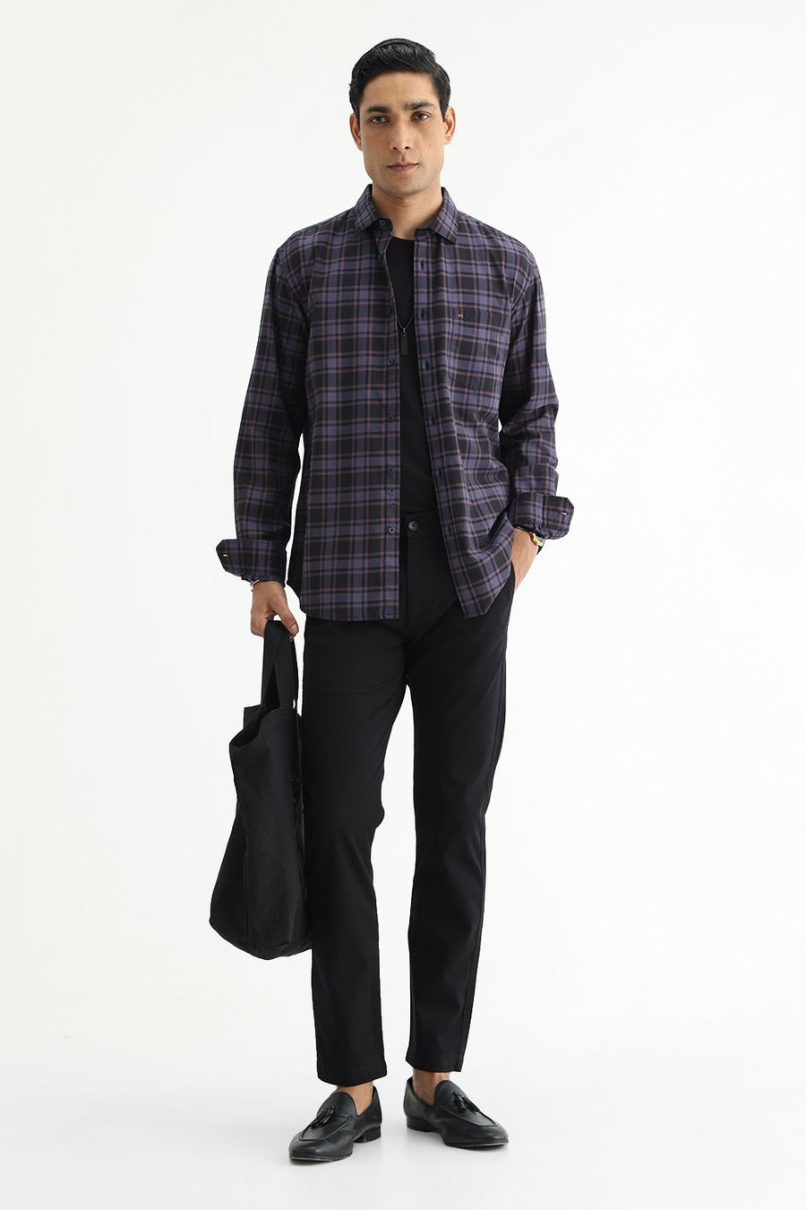 BASICS SLIM FIT GREEN COTTON TWILL CHECKS SHIRT