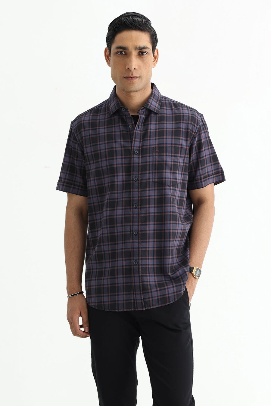 BASICS SLIM FIT GREEN COTTON TWILL CHECKS HALFSLEEVES SHIRT