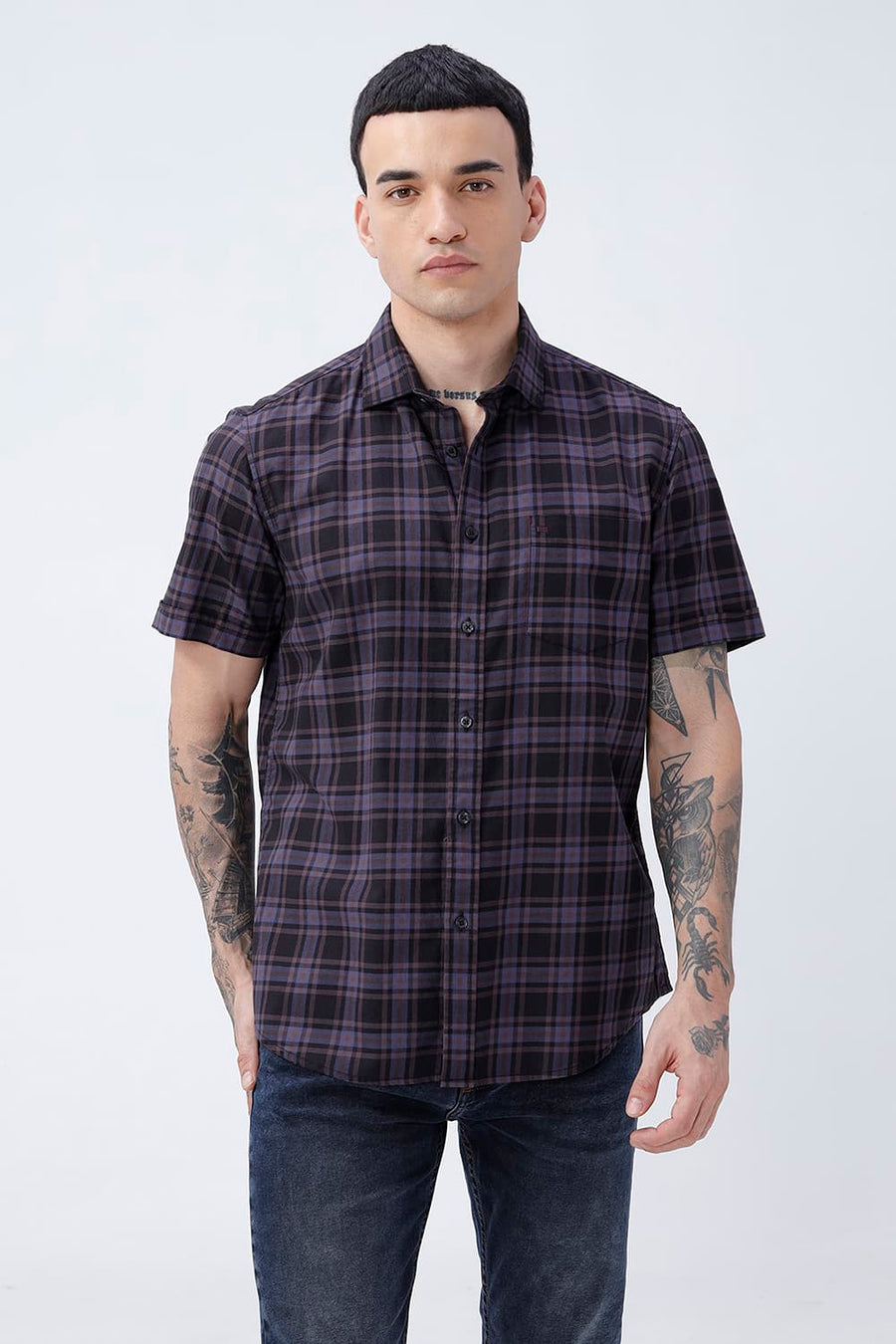 BASICS SLIM FIT GREEN COTTON TWILL CHECKS HALFSLEEVES SHIRT
