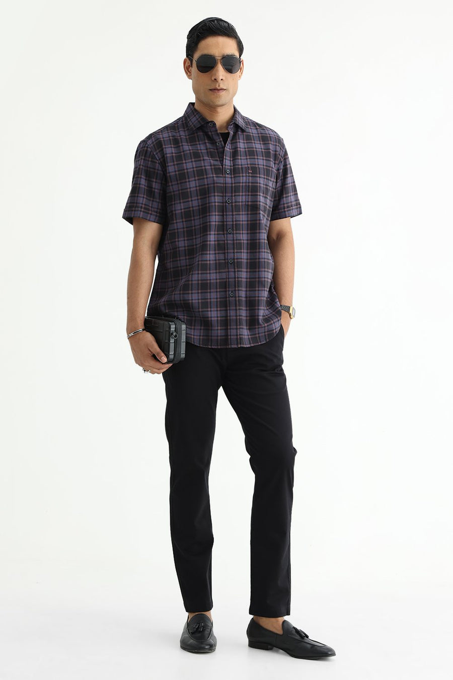 BASICS SLIM FIT GREEN COTTON TWILL CHECKS HALFSLEEVES SHIRT