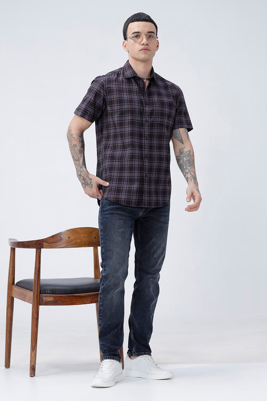 BASICS SLIM FIT GREEN COTTON TWILL CHECKS HALFSLEEVES SHIRT