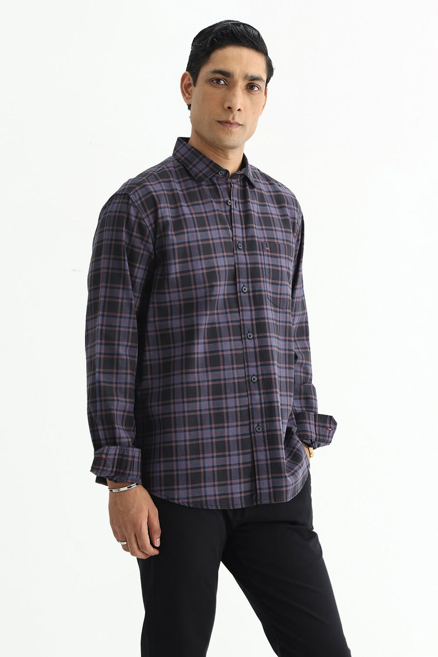 BASICS SLIM FIT GREEN COTTON TWILL CHECKS SHIRT