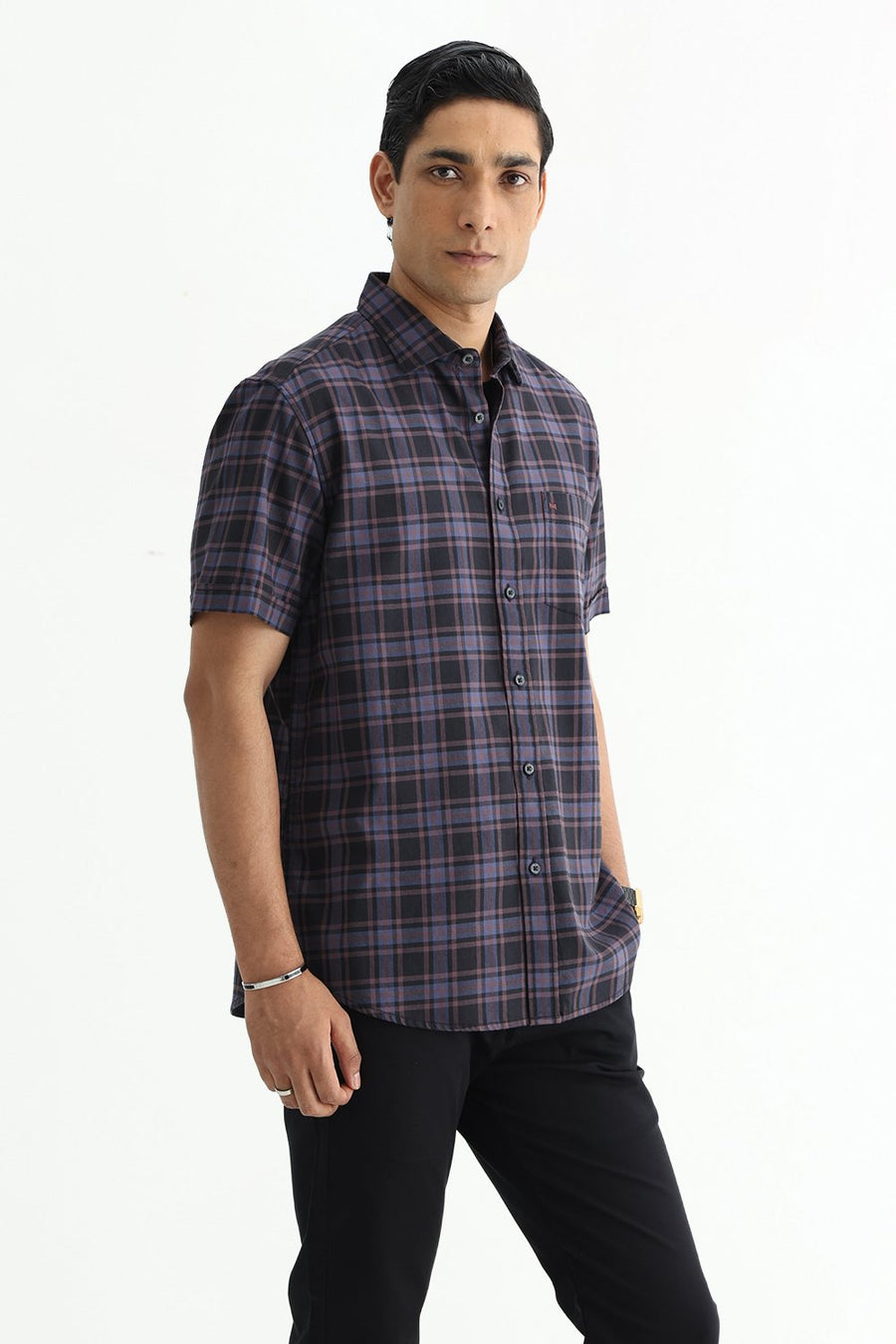 BASICS SLIM FIT GREEN COTTON TWILL CHECKS HALFSLEEVES SHIRT