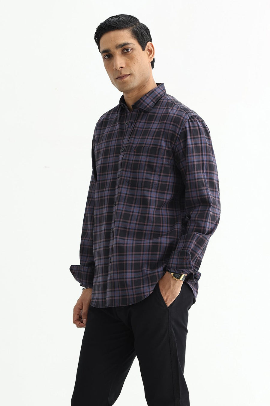 BASICS SLIM FIT GREEN COTTON TWILL CHECKS SHIRT
