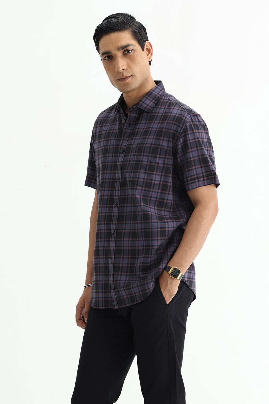 BASICS SLIM FIT GREEN COTTON TWILL CHECKS HALFSLEEVES SHIRT