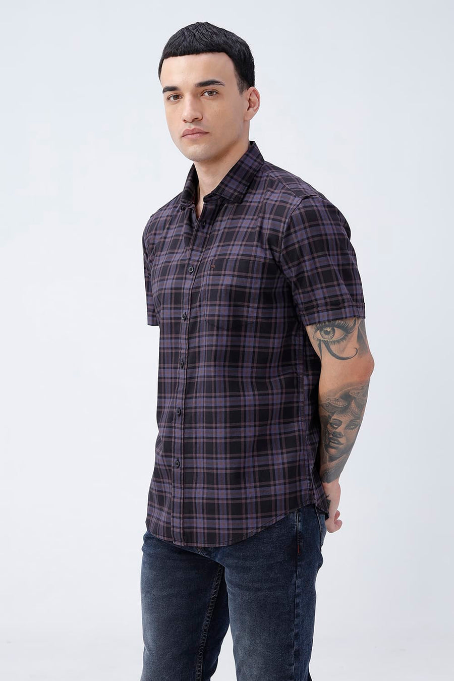 BASICS SLIM FIT GREEN COTTON TWILL CHECKS HALFSLEEVES SHIRT