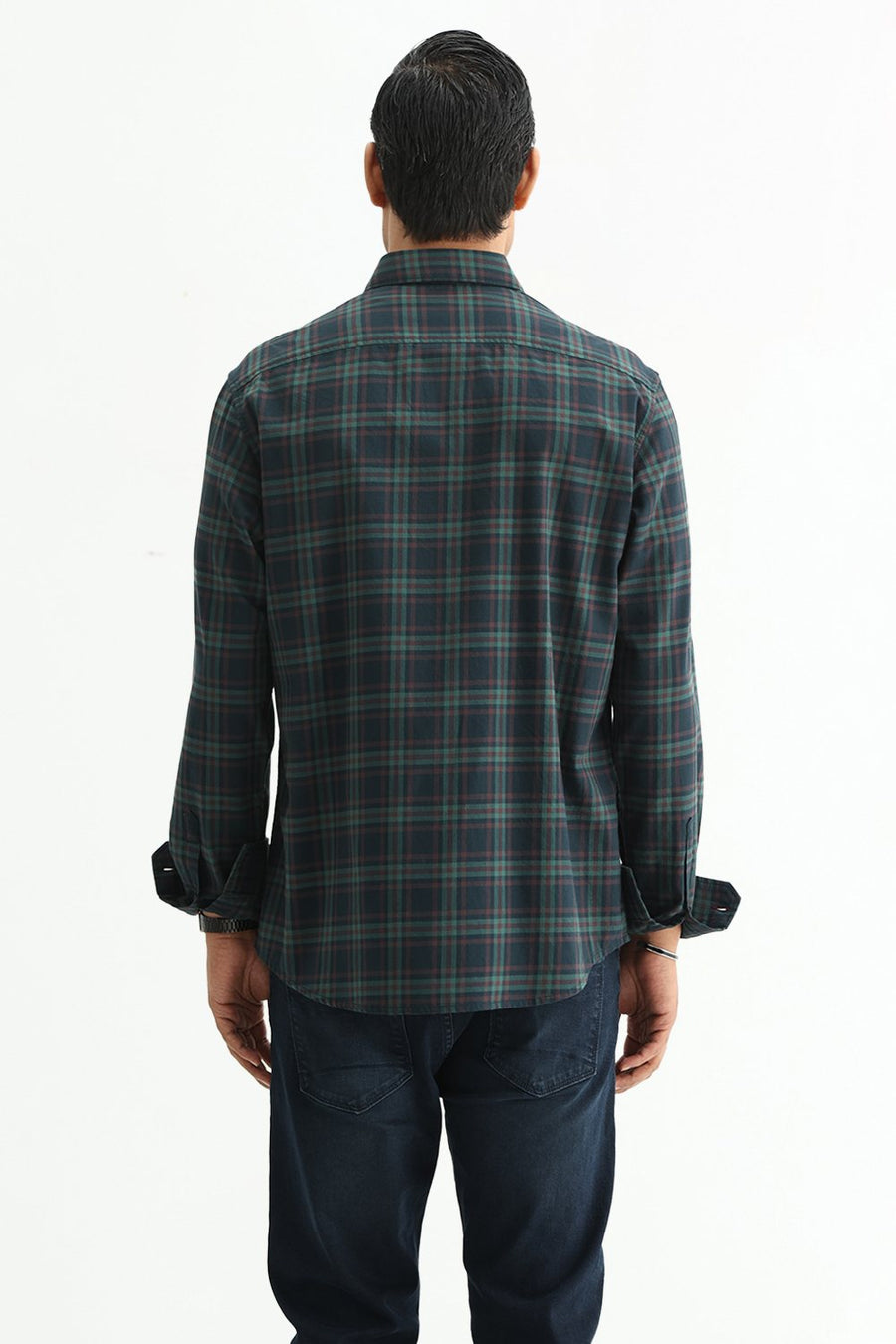 BASICS SLIM FIT DARK BROWN COTTON TWILL CHECKS SHIRT