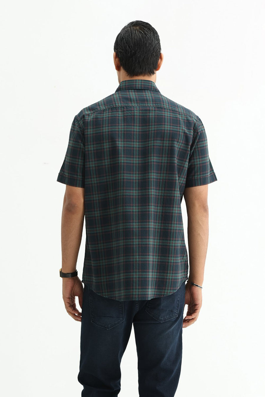 BASICS SLIM FIT DARK BROWN COTTON TWILL CHECKS HALFSLEEVES SHIRT