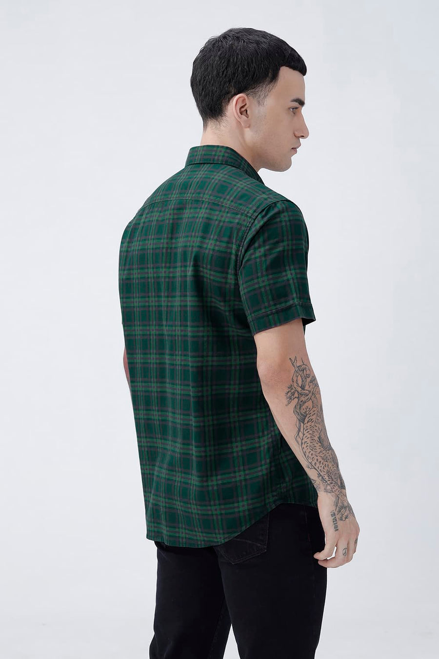 BASICS SLIM FIT DARK BROWN COTTON TWILL CHECKS HALFSLEEVES SHIRT