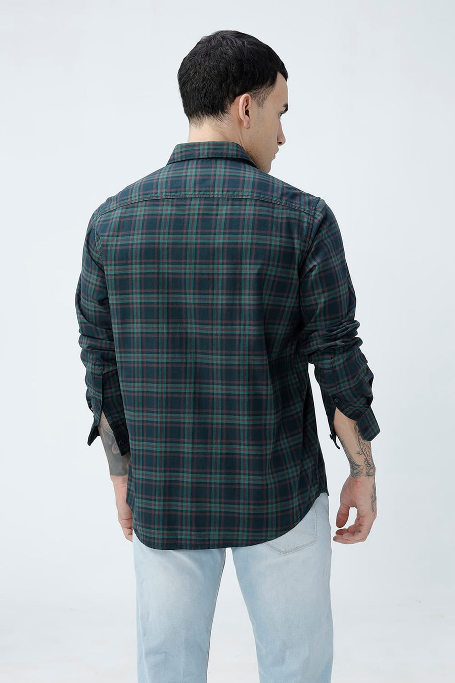BASICS SLIM FIT DARK BROWN COTTON TWILL CHECKS SHIRT