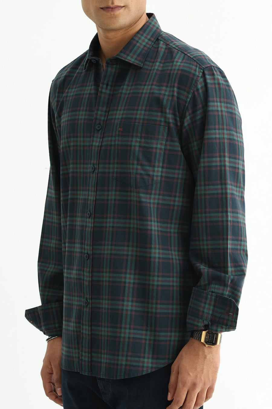 BASICS SLIM FIT DARK BROWN COTTON TWILL CHECKS SHIRT