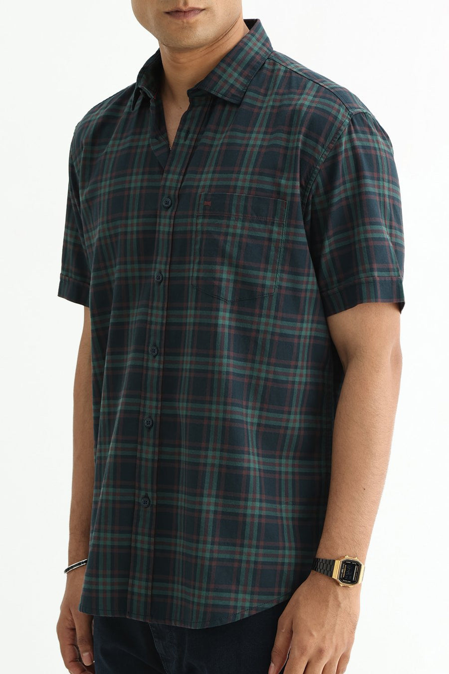 BASICS SLIM FIT DARK BROWN COTTON TWILL CHECKS HALFSLEEVES SHIRT