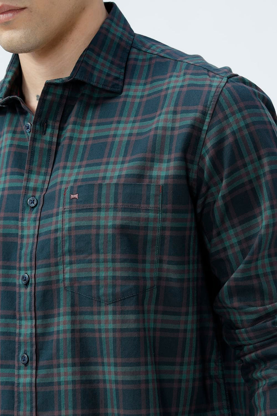 BASICS SLIM FIT DARK BROWN COTTON TWILL CHECKS SHIRT