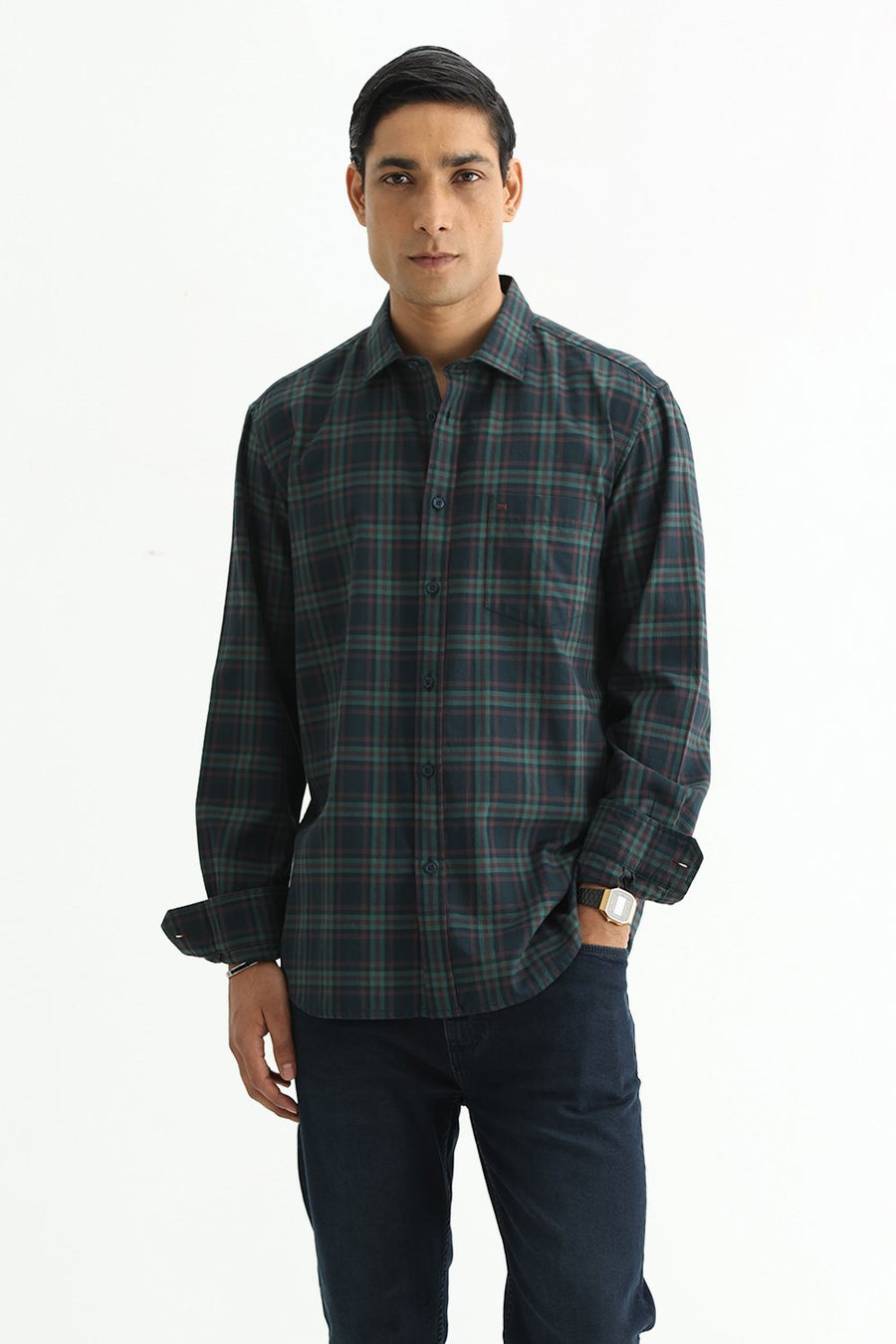 BASICS SLIM FIT DARK BROWN COTTON TWILL CHECKS SHIRT