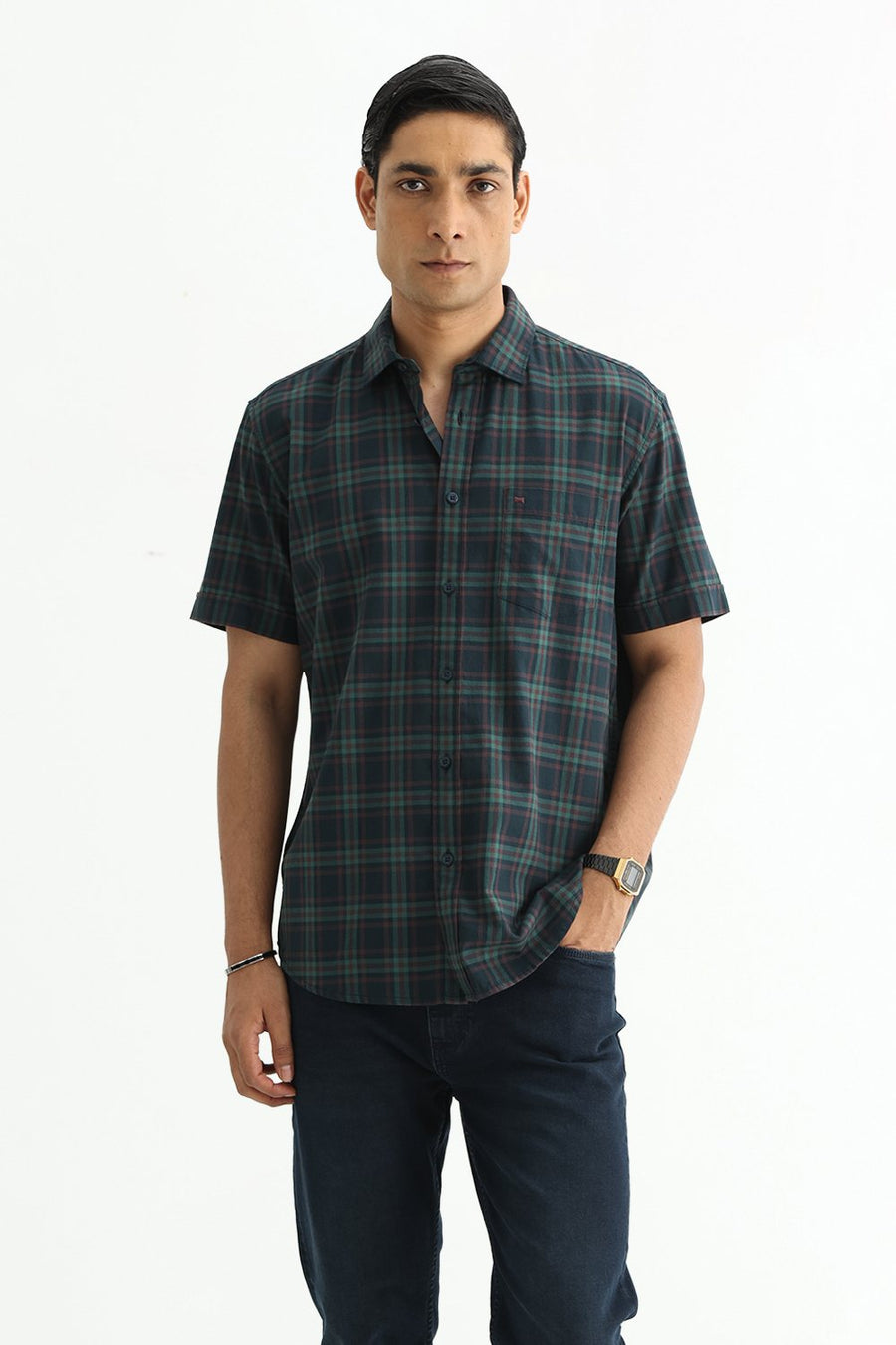 BASICS SLIM FIT DARK BROWN COTTON TWILL CHECKS HALFSLEEVES SHIRT