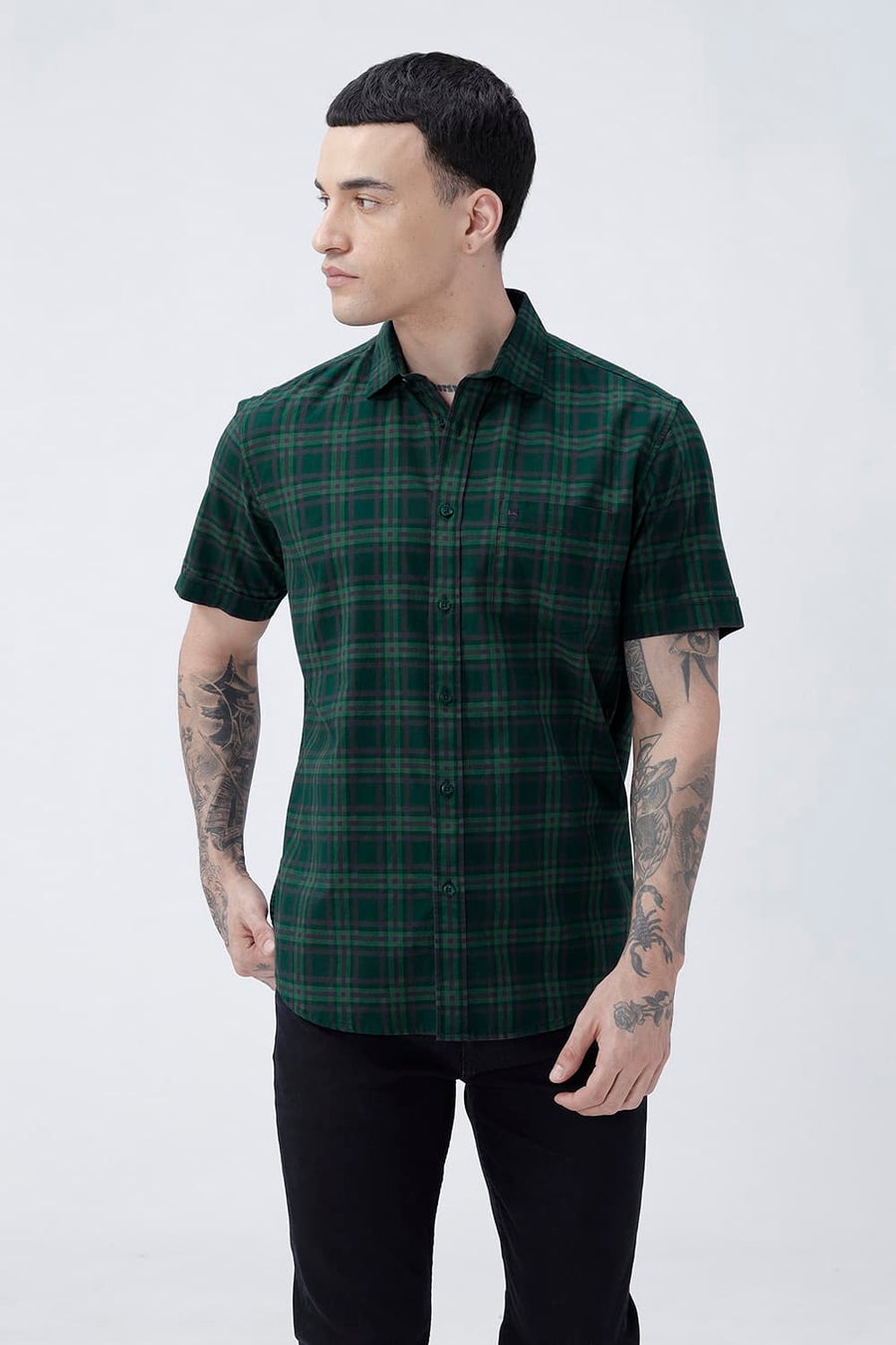 BASICS SLIM FIT DARK BROWN COTTON TWILL CHECKS HALFSLEEVES SHIRT