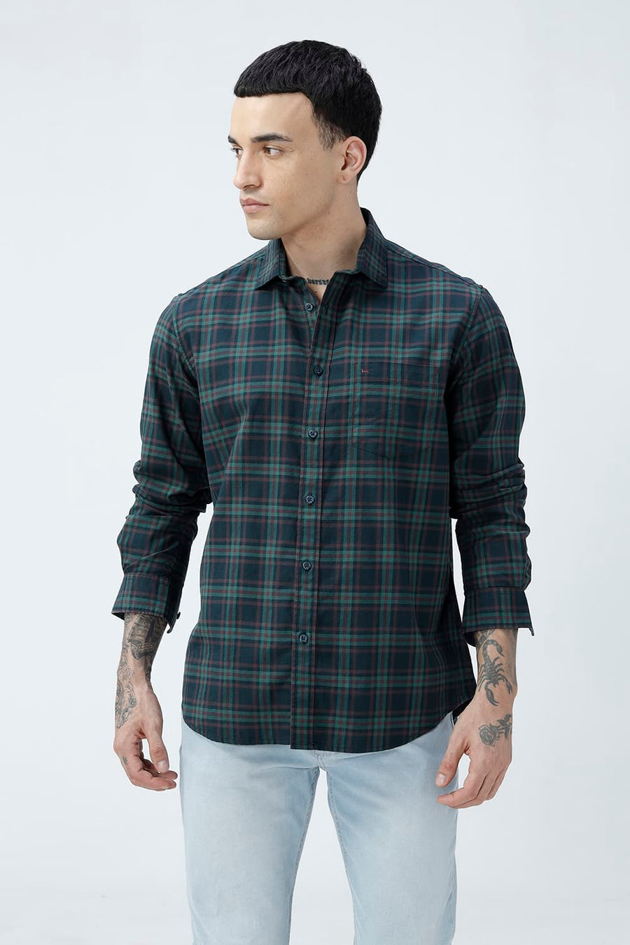 BASICS SLIM FIT DARK BROWN COTTON TWILL CHECKS SHIRT