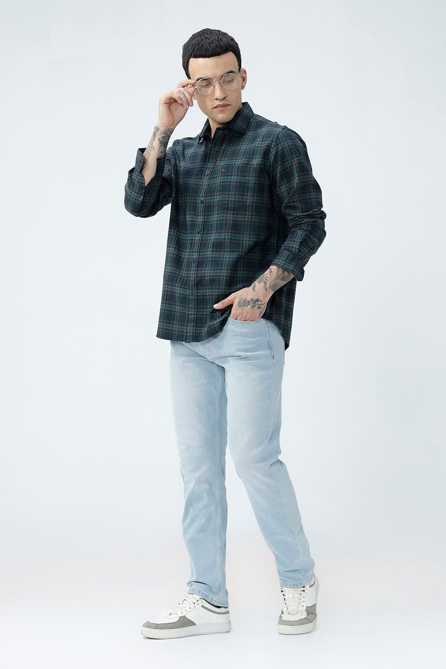 BASICS SLIM FIT DARK BROWN COTTON TWILL CHECKS SHIRT