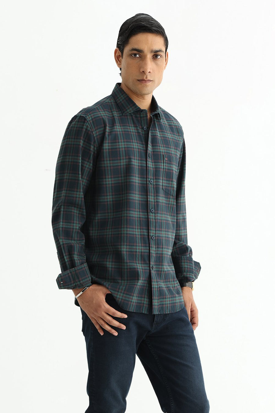 BASICS SLIM FIT DARK BROWN COTTON TWILL CHECKS SHIRT