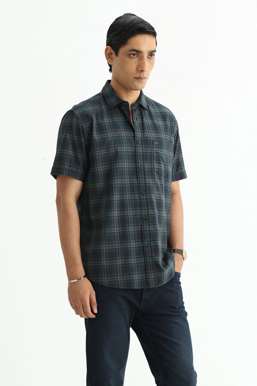 BASICS SLIM FIT DARK BROWN COTTON TWILL CHECKS HALFSLEEVES SHIRT