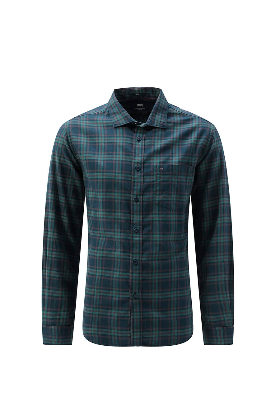 BASICS SLIM FIT DARK BROWN COTTON TWILL CHECKS SHIRT