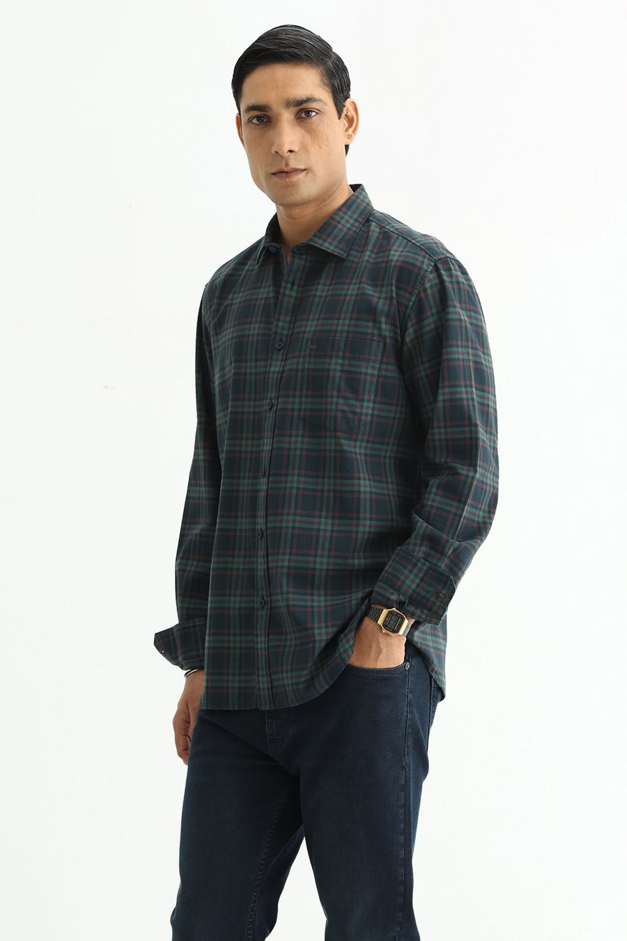 BASICS SLIM FIT DARK BROWN COTTON TWILL CHECKS SHIRT