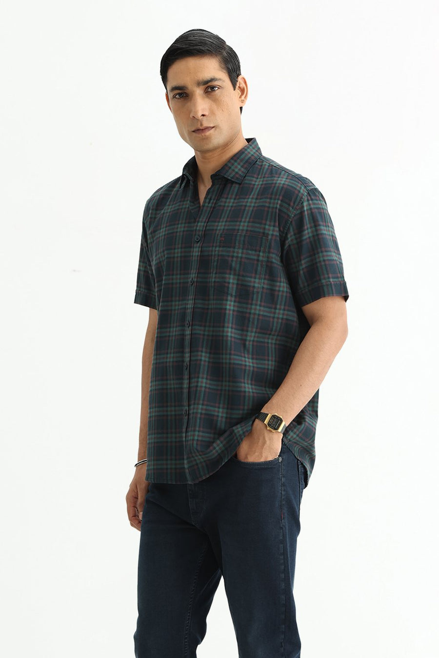 BASICS SLIM FIT DARK BROWN COTTON TWILL CHECKS HALFSLEEVES SHIRT
