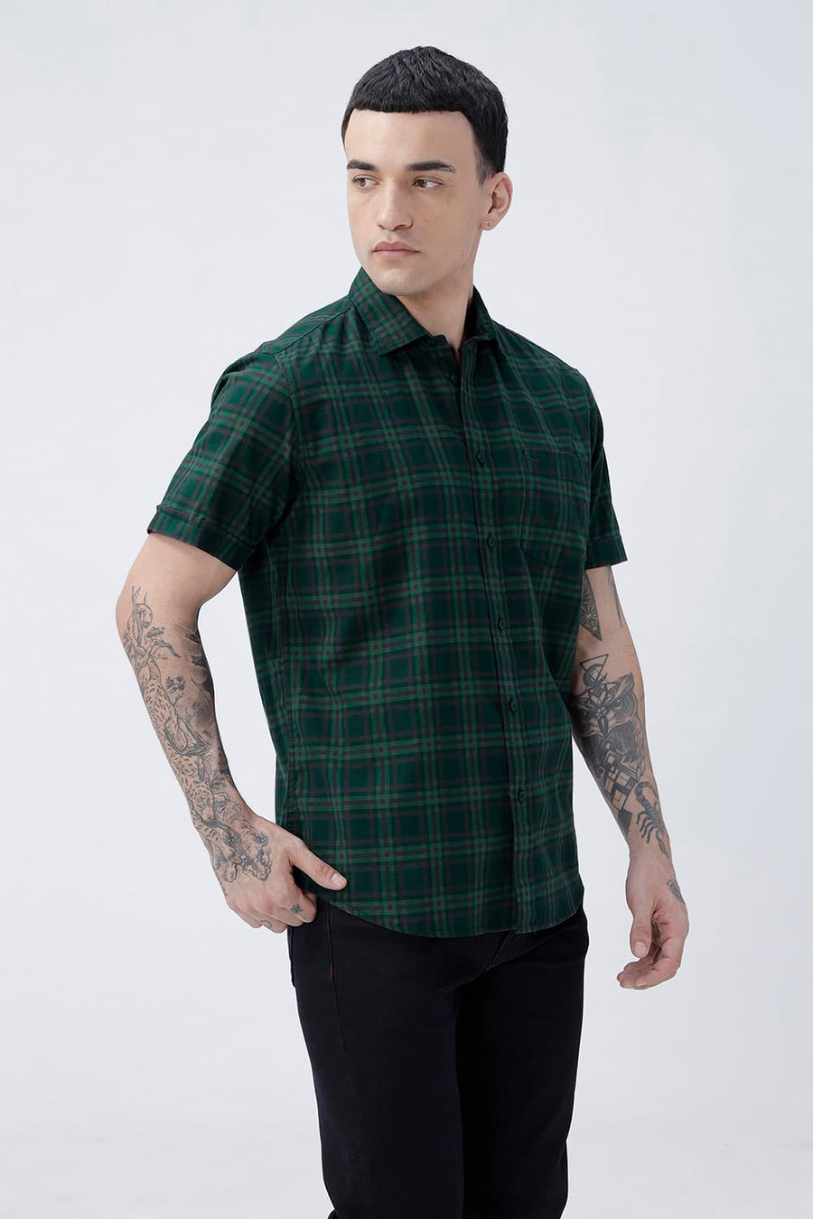 BASICS SLIM FIT DARK BROWN COTTON TWILL CHECKS HALFSLEEVES SHIRT